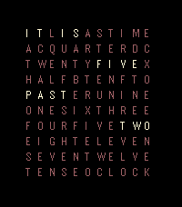 Word Time running on Pebble Time 2, with the active words highlighted inside a grid of letters